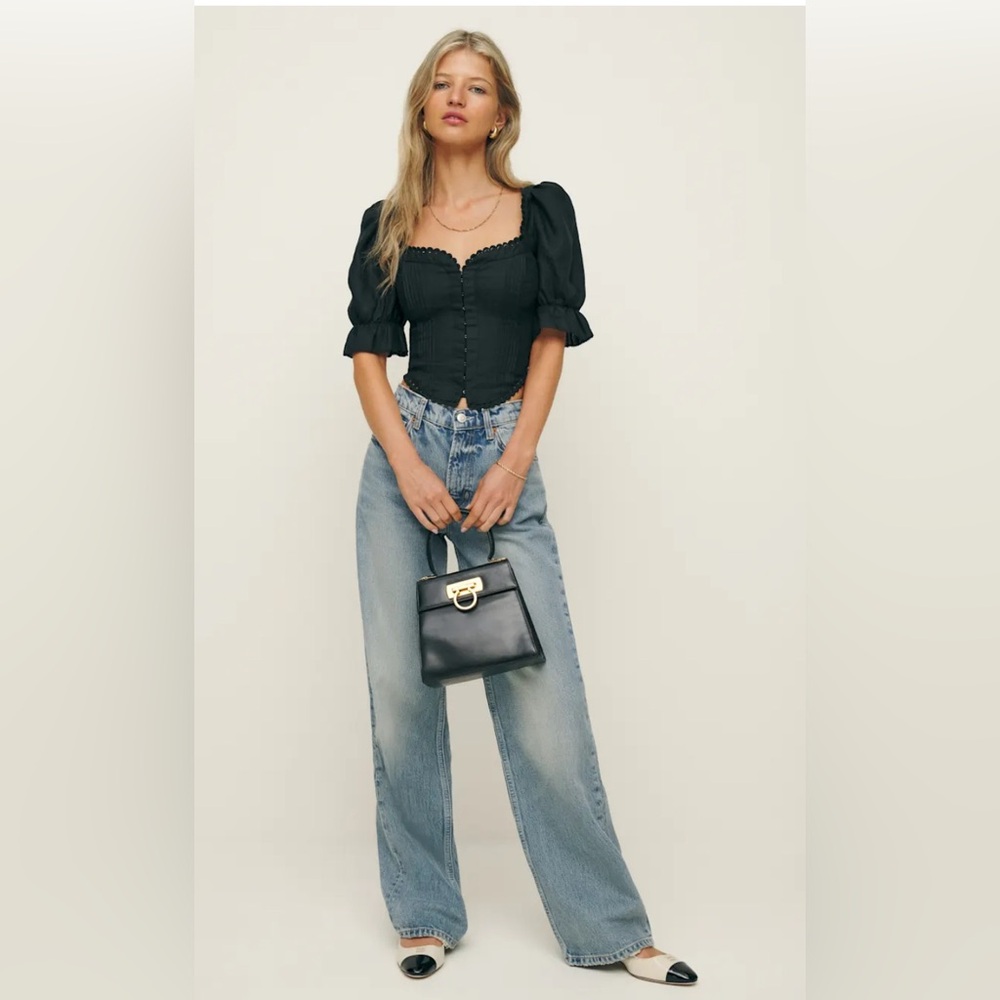 Reformation Simmie Linen Top Black - Size 12 - Picture 2 of 7